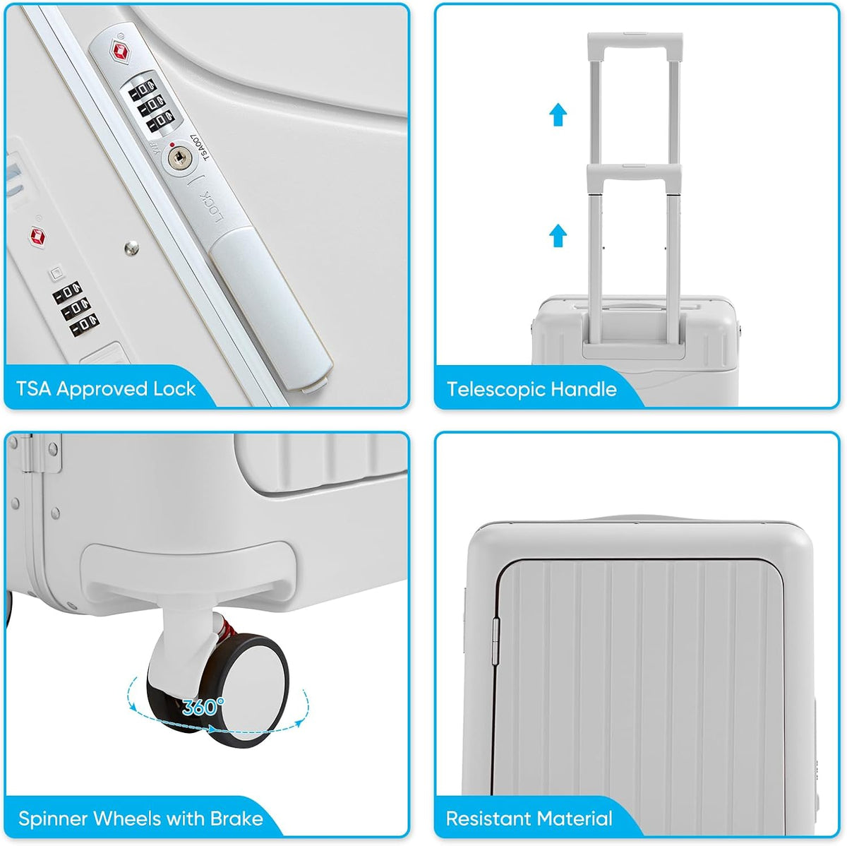 TABU 20" Ride-on Luggage with Seat,Front Opening Carry-On Hardshell Ride On Suitcase with Built-in Charging Port, 360° Lockable Spinner and TSA Lock, for Kids & Adults, White