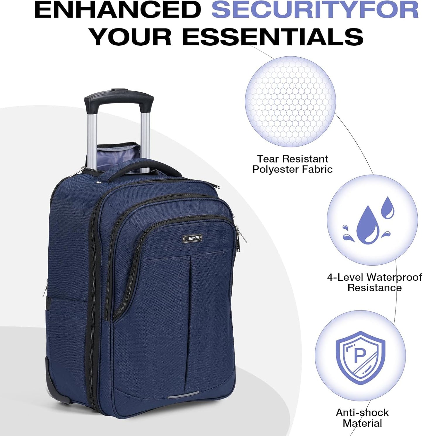 Rolling Backpack for Adults,17 Inch Waterproof Carry-on Backpack with Wheels, Wheeled Backpack Carry-on Luggage, Travel Backpack for Men Women, Trolley Laptop Backpack, Navy Blue Medium