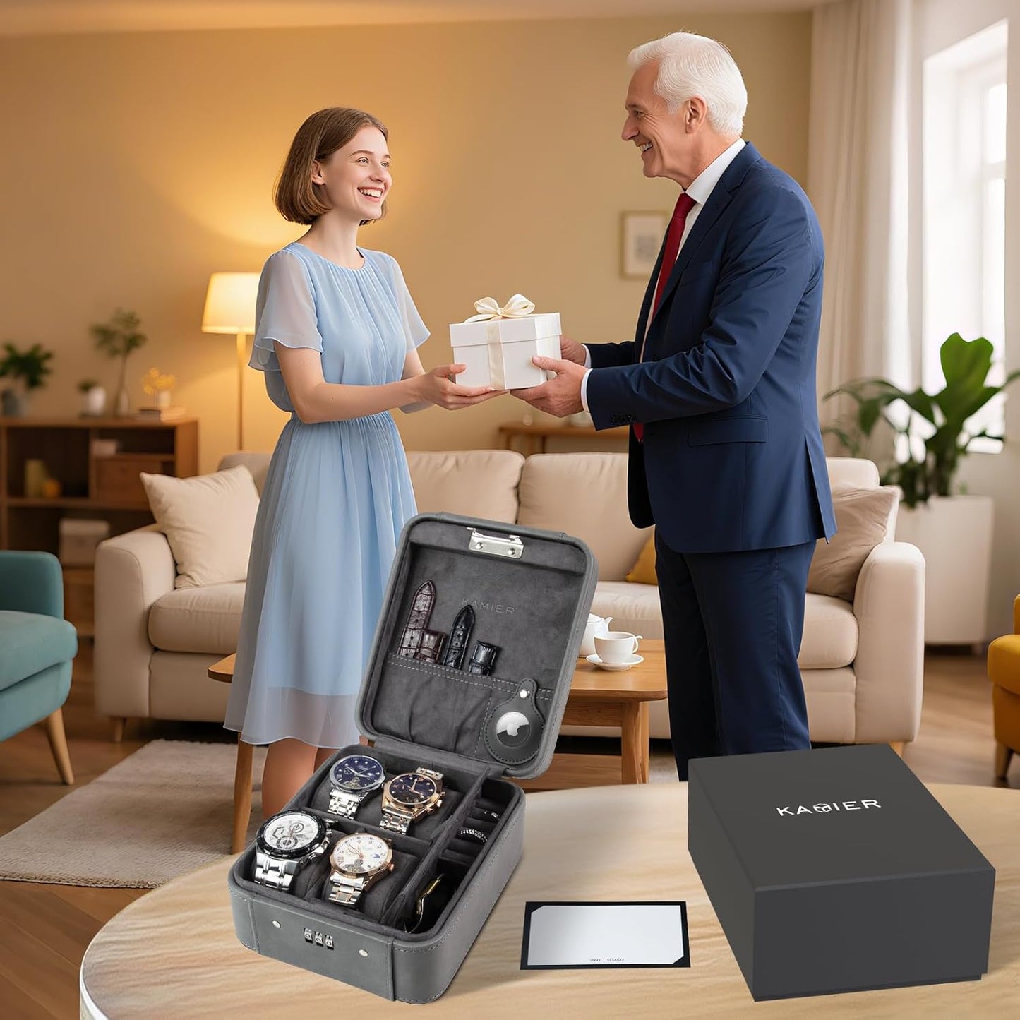 KAMIER Watch Case with Combination Lock - 4 Watch Storage and Jewelry Organizer - Watch Travel Case for Ring and Watch Storage, PU Leather Travel Watch Case, Ideal for Gift (With Gift Box), Grey