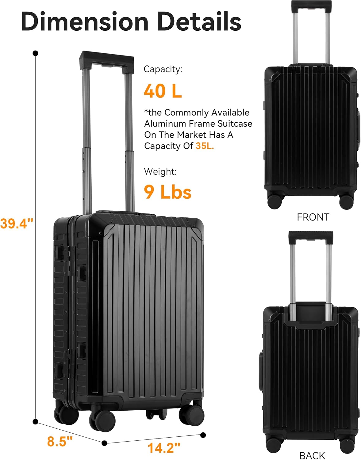 Mvst Luggage Premium All Aluminum Magnesium Carry On 20'' Lightweight Metal,Suitcase with Spinner Wheels Built-in Toiletry Set, Luggage Protector(silvery) (Black, 20inch)