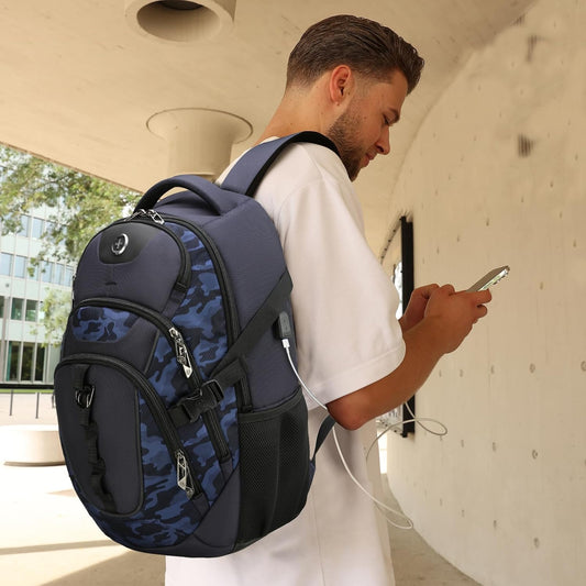 Swissdigital Design Laptop Backpack with USB Charging Port, TSA Travel Backpack Fits 15.6 inches Computer, 31L College School Backpack for Men, Blue Camo | SD803
