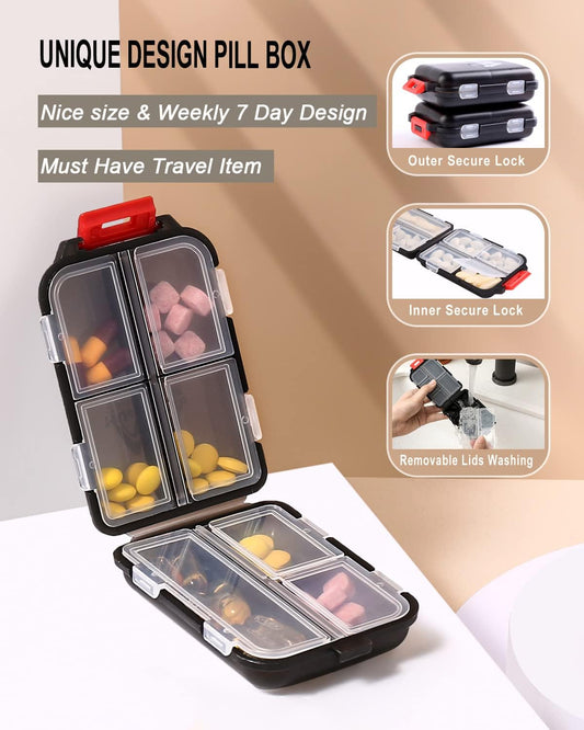 2PS Weekly Pill Organizer Small Folding Box 7 Day BPA-Free Daily Pill Container Foldable Travel Pill Case with Lock Pill Holder, Medicine Organizer for Purse Pocket to Store Vitamin Etc (Black)