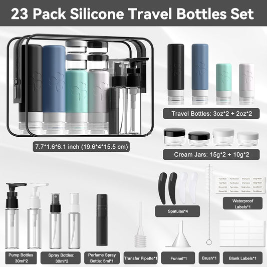 INSFIT Travel Bottles for Toiletries 23pack, TSA Approved Travel Size Toiletries, Airplane Essentials for Creams, Shampoo, Cosmetic Liquids