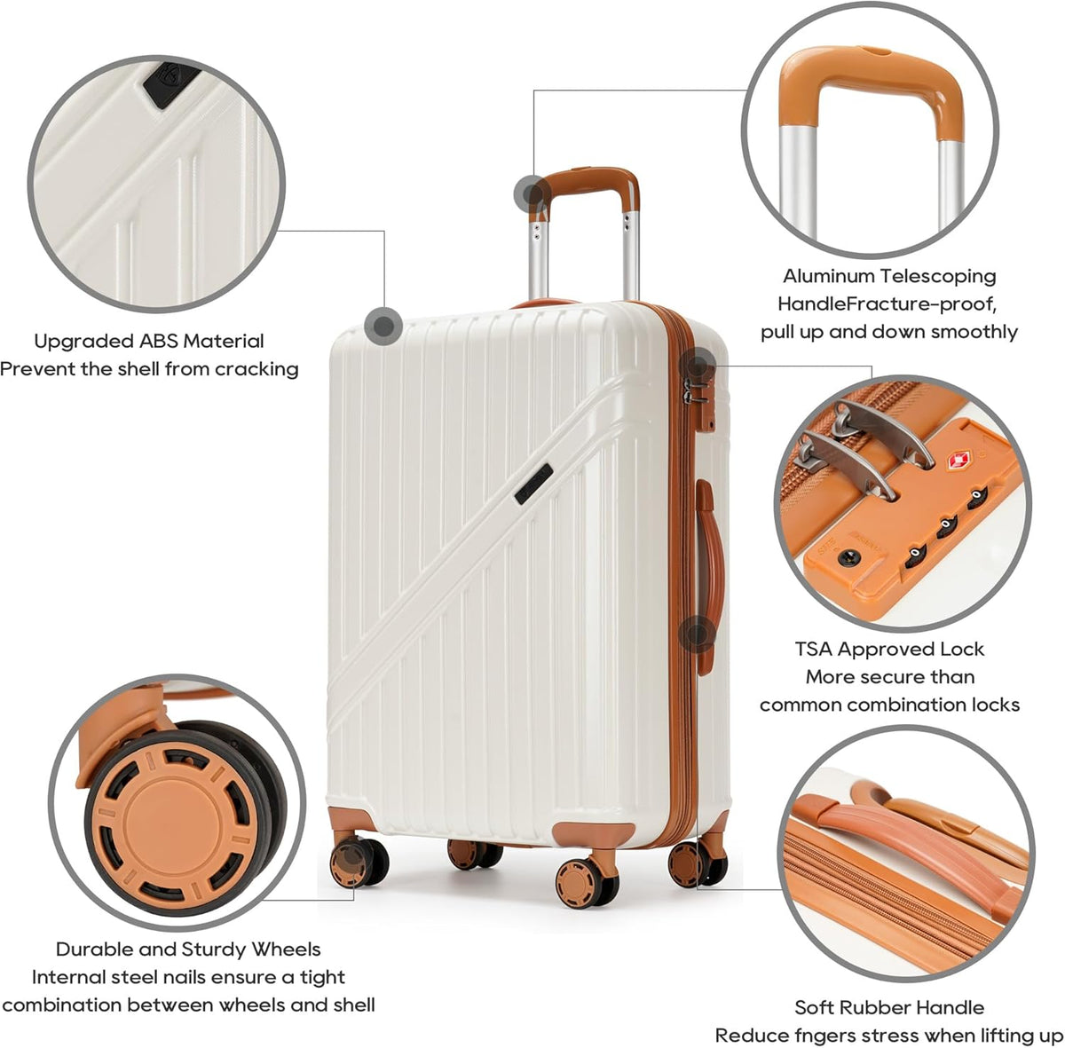 GinzaTravel Luggage Sets 3-Piece Expandable Suitcases with Wheels PC+ABS Durable Hardside Luggage sets TSA lock(White + Brown)