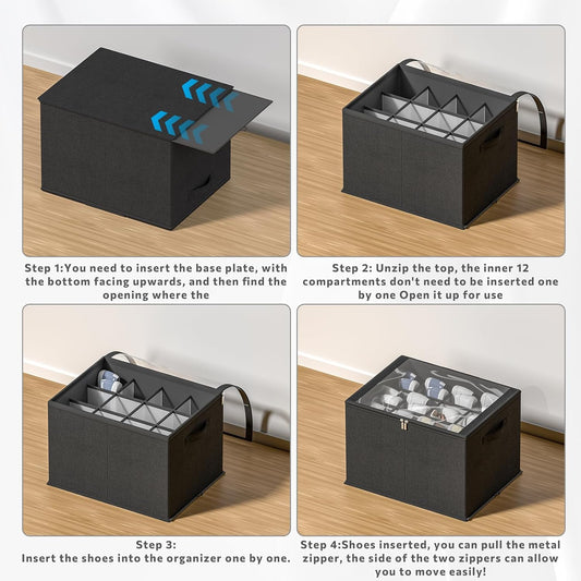 2 Pack Shoe Organizer for Closet - Shoe Storage Bins with Clear Cover, Fabric Shoe Storage Containers with Reinforced Handles, Fits up to 24 Pairs (Black, 16.5 * 12.6 * 12.2in)