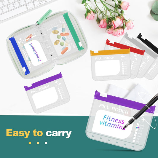 A7-L Water-Proof Pill Pouch Set, Large Pill Organizer, BPA Free, A7-L Pill Loose-Leaf Storage with Color-Coded Medicine Pouches, Reusable Travel Medicine Organizer, Zippered Pill Organizers Weekly