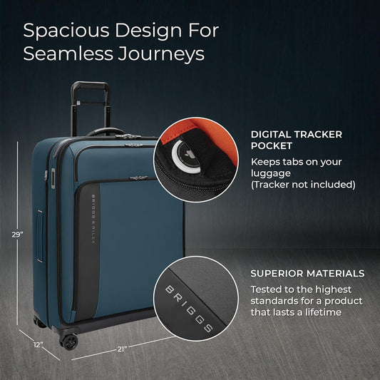 Briggs & Riley 29" Large Expandable Spinner - Checked Luggage for Travel, Suitcases with Wheels, Softside Rolling Bag for Men & Women - ZDX Collection, Ocean