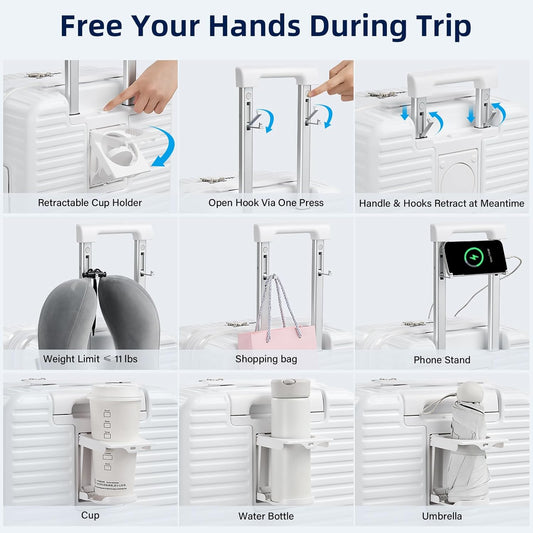 Hard Shell Suitcases Airline Approved 20 Inch Carry on Luggage, Expandable Travel Luggage Carry on Luggage with Cup Holder Charger Built in, Lightweight Small Suitcases with Wheels, White