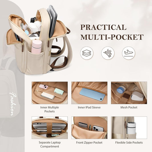 Travel Backpack for Women Personal Carry On Bag Business Weekender Hiking Multilayer Laptop Bag,16 Inch,Apricot