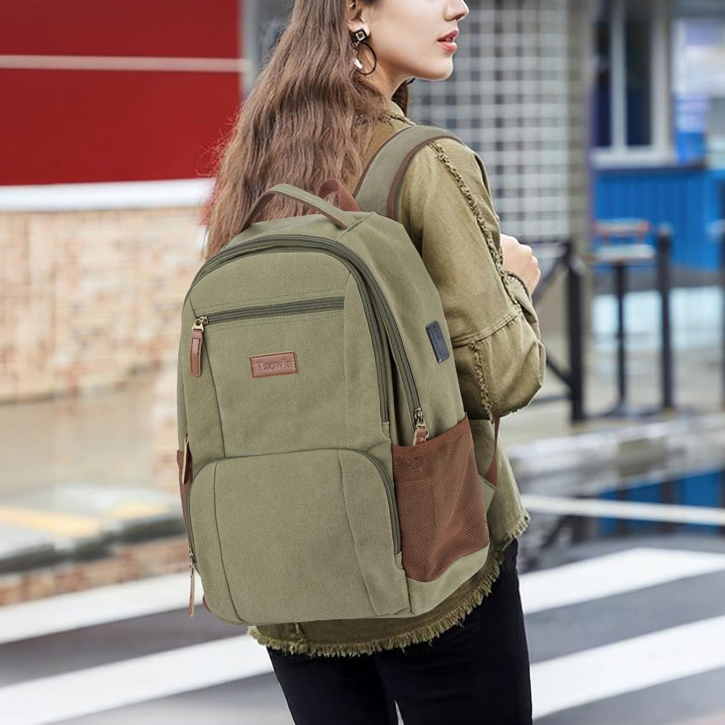 Tzowla Canvas Laptop College Backpack for Men and Women,Travel Work Vintage Rucksack with USB/Type-C Charging Port,Lightweight Hiking Casual Daypack Backpacks fit 15.6 inch Notebook,Green