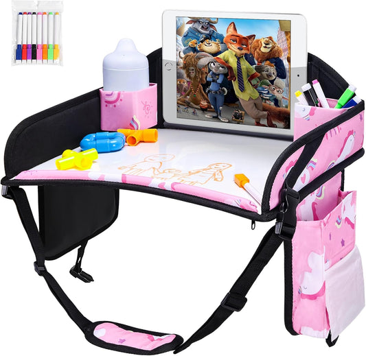 Kids Travel Tray, 3PCS Car Seat Tray for kids Travel, Toddler Road Trip Essentials With Drawing Kit, Toddler Lap Desk Organizer for Car, Carseat Table for Airplane