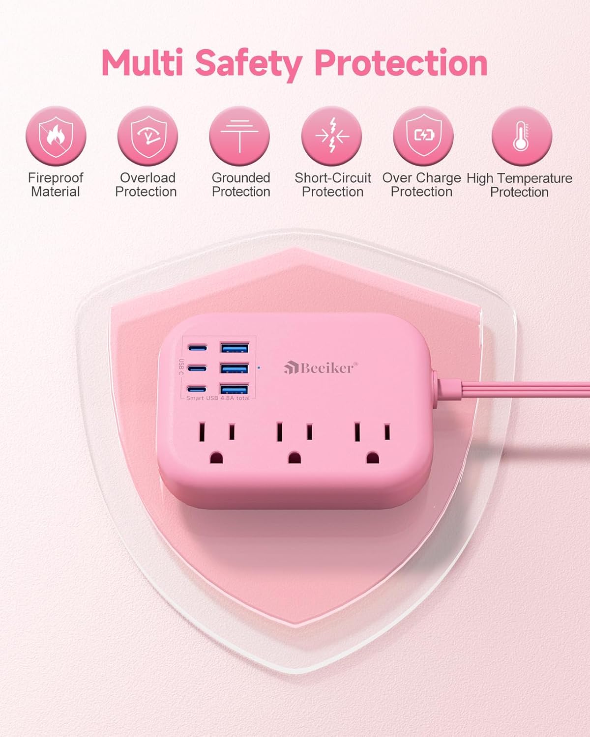 6 USB(3 USB C) Pink Power Strip- 5Ft Pink Extension Cord with 6 USB Charging Station 24W/4.8A and 3 Outlets, Pink Desk Accessories for Cruise Travel Pink Cute Kawaii College Dorm Desk Home Essentials