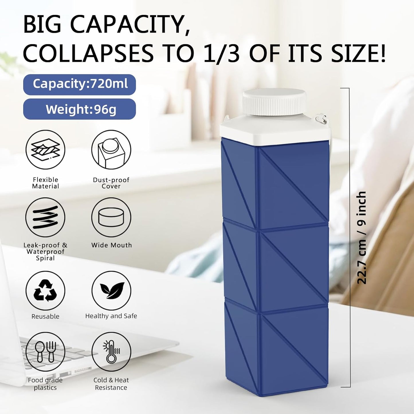 24oz Collapsible Water Bottles,Foodgrade BPA Free Reusable Foldable Water Bottle Lightweight LeakProof for Travel Hiking Camping Cycling Gym Sports,Collapses Folding Water Bottle,Dark Blue