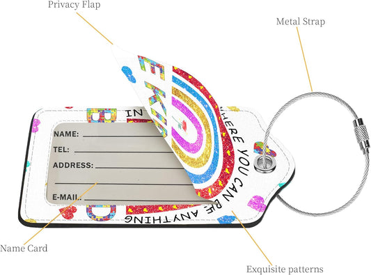 2 Pcs Luggage Tags for Suitcases, PU Leather Cruise Ship Luggage Tags with Privacy Cover Label Address Card and Durable Metal Ring Suitable for Men Women Handbags Backpacks Schoolbag,Rainbow