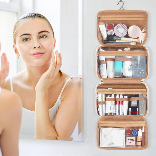 Travel Toiletry Bag for Women Hanging Travel Toiletry Organizer for Full-sized Toiletries Portable Water-resistant Travel Bag with Hanging Hook and 4 Compartments for Travel Essentials and Cosmetics