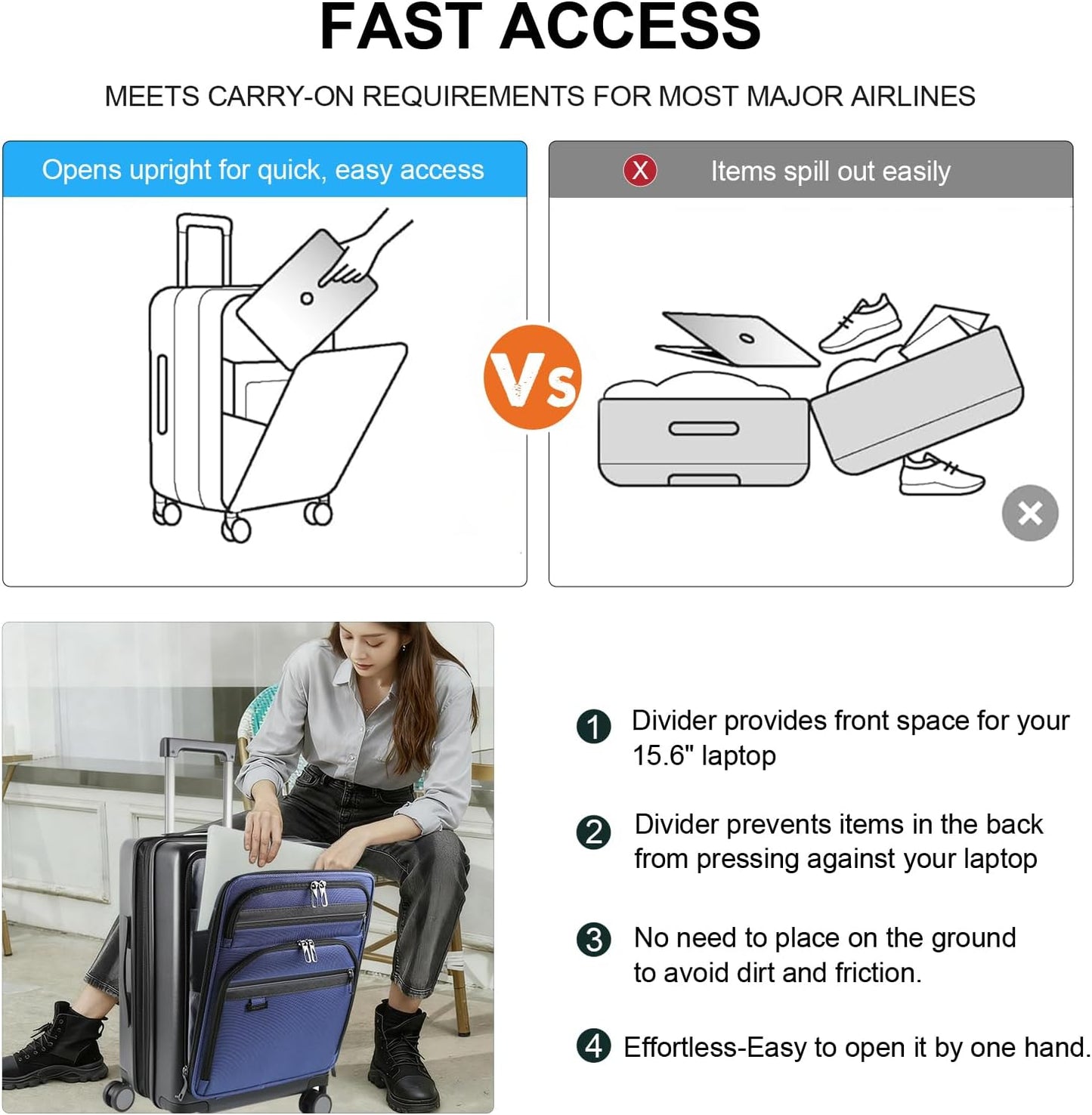 KROSER Hardside Expandable Carry On Luggage 22x14x9 Airline Approved With Front Business Pockets, 20 Inch Suitcases with Wheels, Carry on Suitcase with TSA Lock & USB Port, Black-Haze Blue