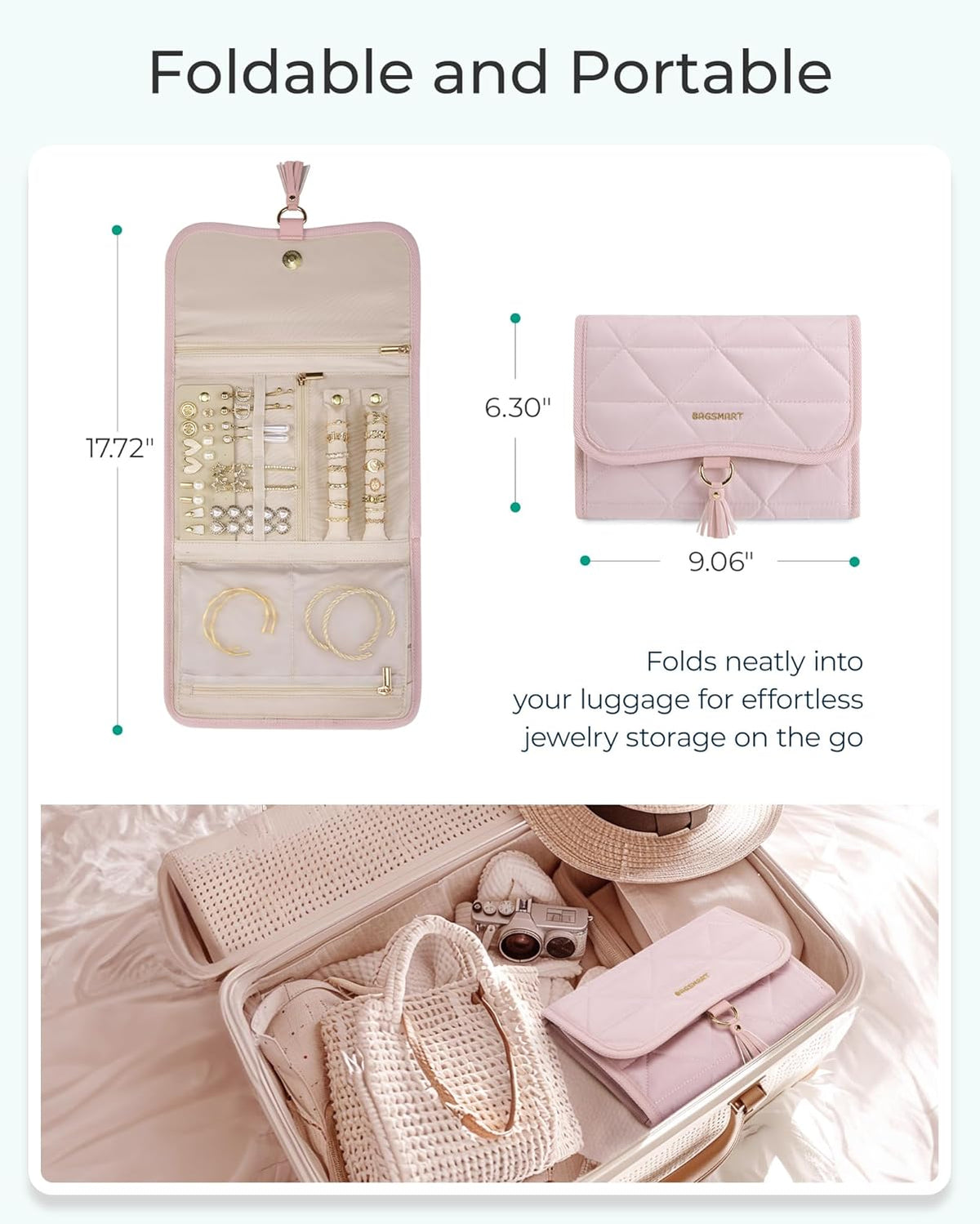 BAGSMART Travel Jewelry Organizer for Women, Foldable Jewelry Storage Roll for Earrings, Necklaces, Bracelets, Earrings, Brooches, Fashion Black