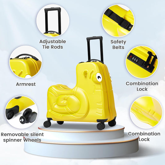 Kids Luggage, Kids Ride-on Luggage with Spinner Wheels Suitcase, Kid's Ride-On Suitcase Help Your Child Relax, Carry On Trolley with Password Lock (Yellow, 20 inches)