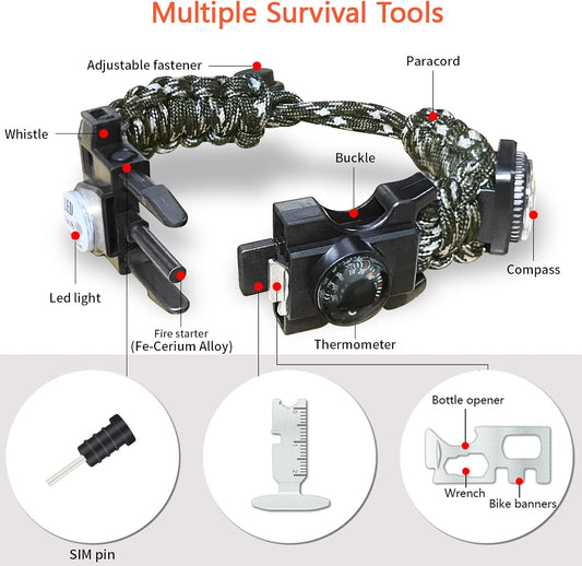 20 in 1 Survival Paracord Bracelet Adjustable Gear Kit with SOS LED Light, Fire Starter, Bigger Compass, Survival Whistle, Perfect for Camping, Hiking, Fishing