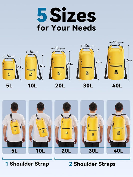 HEETA Waterproof Dry Bag with Front Zippered Pocket for Women Men, 5L/10L/20L/30L/40L Roll Top Lightweight Dry Storage Bag Backpack for Travel, Kayaking, Boating, Rafting, Camping, Hiking & Beach