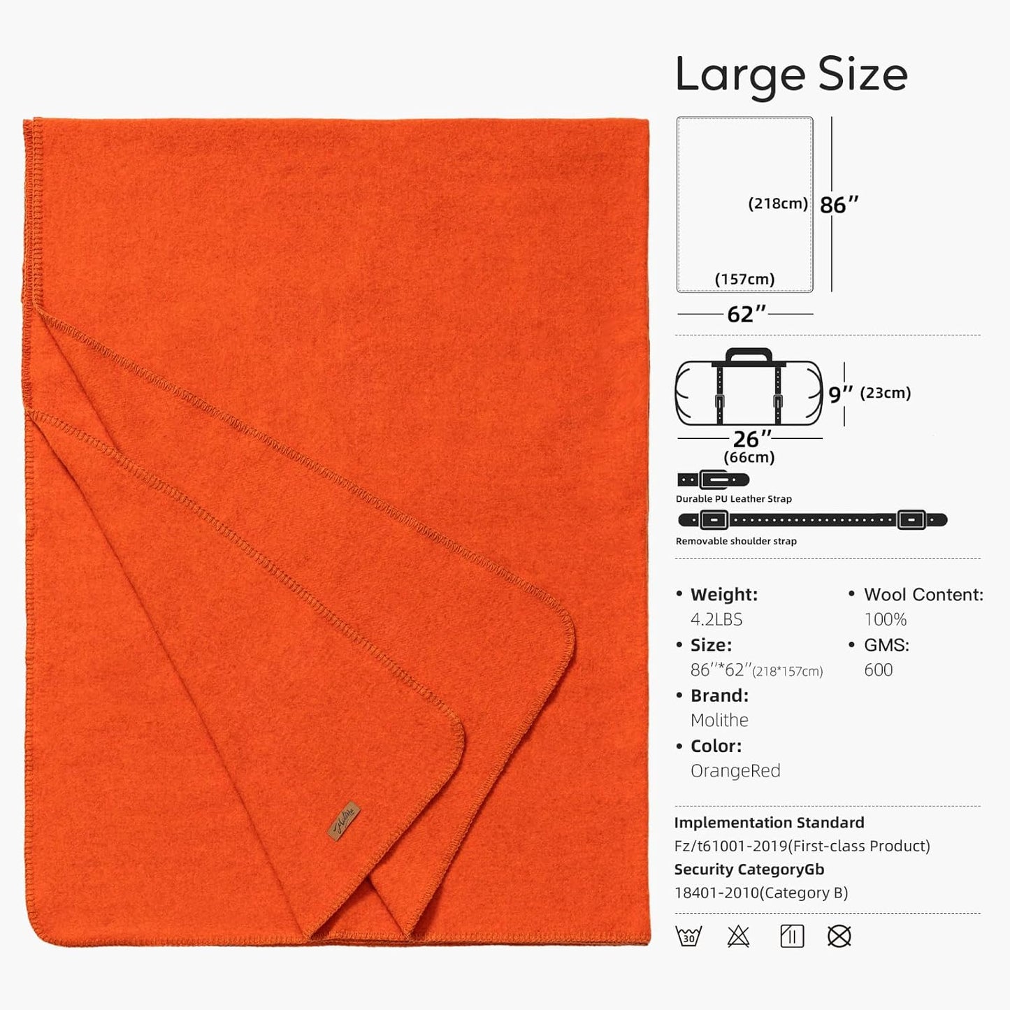 100% Wool Blanket, 62" x 86", Warm, Thick, Washable, Military Wool Blanket, Great for Camping, Outdoors, Sporting Events, Survival Kits, OrangeRed