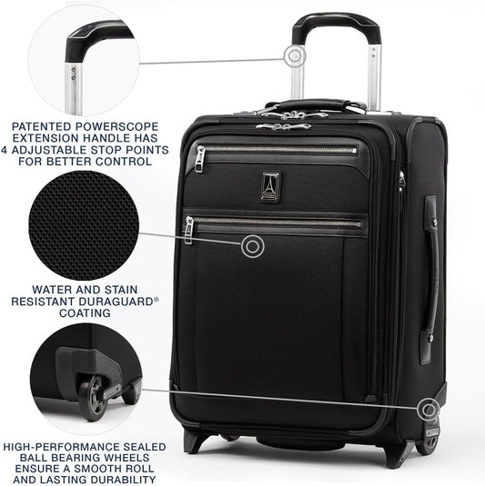 Travelpro Platinum Elite Softside Expandable Carry on Luggage, 2 Wheel Upright Suitcase, USB Port, Men and Women, International, Shadow Black, Carry On 20-Inch