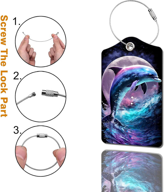 2 Pack Luggage Tag for Suitcase, Cute Unique Leather Bag Tags Identifiers Privacy Cover ID Label with Durable Steel Loop for Women Men Kids Girls Travel,DolphinB