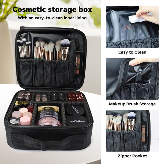 Travel Makeup Bag Makeup Cosmetic Train Case Organizer Portable Storage Bag with Adjustable Dividers for Cosmetics Makeup Brushes Toiletry Jewelry Black
