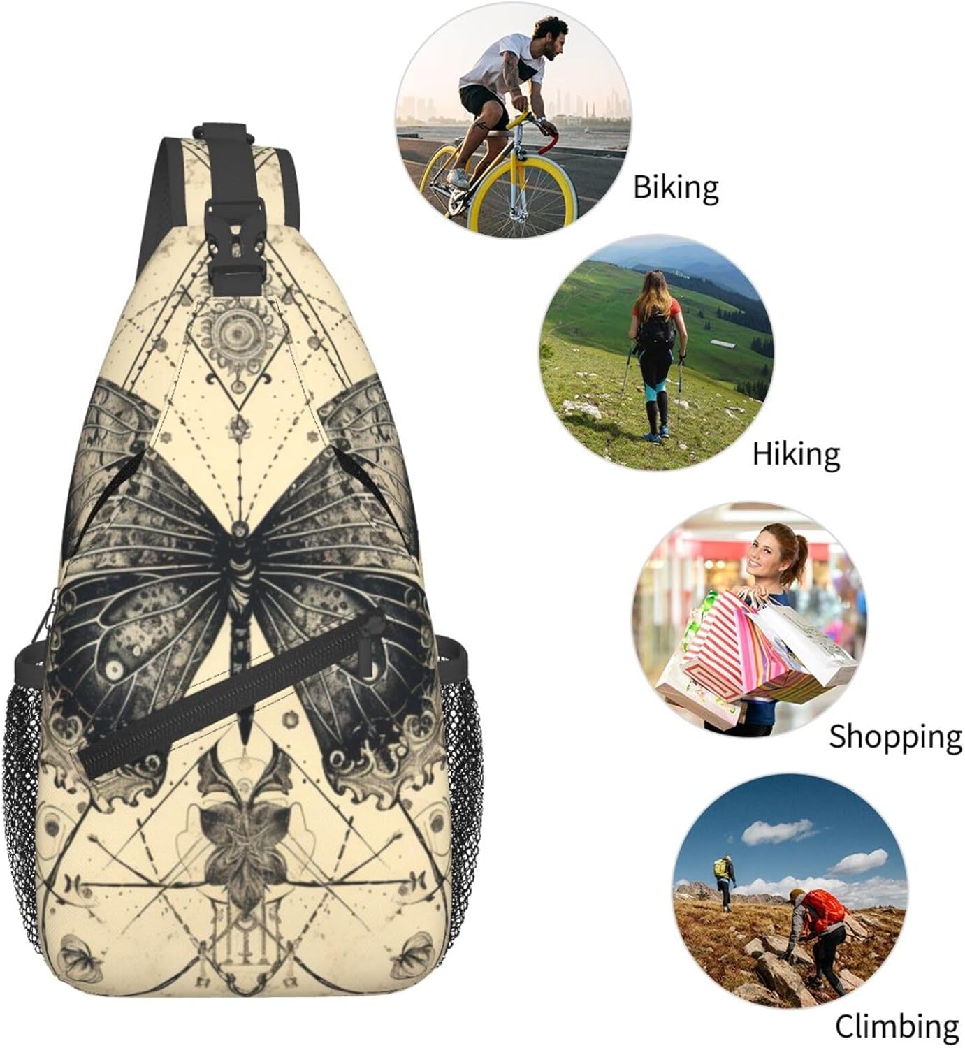 SUPLUCHOM Sling Bag Butterfly Goth Vintage Tarot Hiking Daypack Crossbody Shoulder Backpack Travel Chest Pack for Men Women