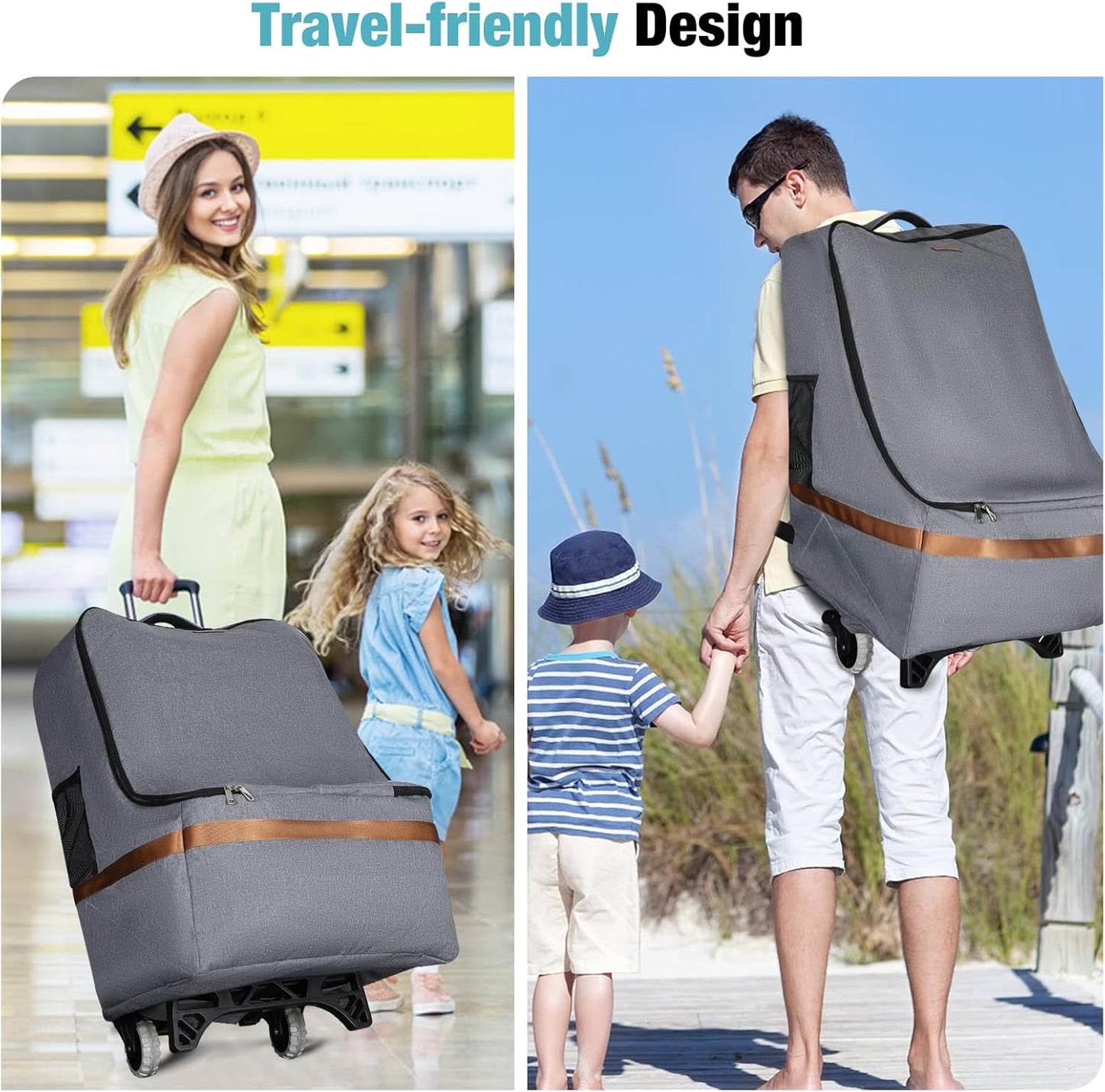 Padded Car Seat Travel Bag for Airplane with Wheels, Heavy Duty Carseat Bags for Air Travel, Rolling Gate Check Backpack and Dolly Carrier, Storage for Baby Essentials, Grey