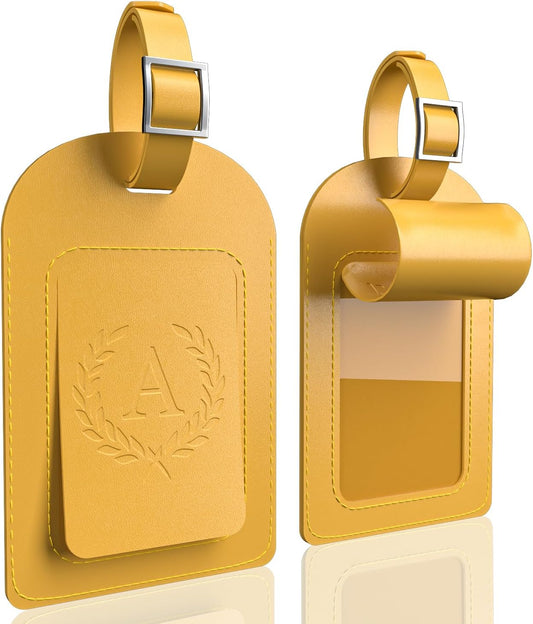 FESAS 3 Pack A-Z Alphabet Luggage Tags - Faux Leather Suitcase Tags with Privacy Cover & Replaceable Card - Initial Letter Monogram for Bags (Yellow)