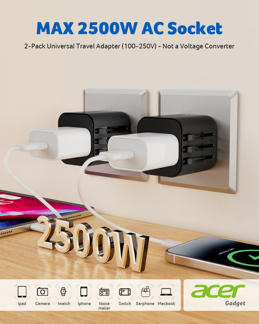 Acer US to Europe Plug Adapter, Universal Travel Adapter, International Power Adapter for USA to Europe UK France Germany Spain Ireland Australia (Type C/G/A/I),Black
