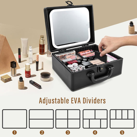Joligrace Makeup Box with Detachable Lighted Mirror, Travel Train Case, Portable Makeup Case Cosmetic Organizer Vanity Cases for Women with Adjustable Dividers, Rechargeable Magnetic LED Mirror, Black