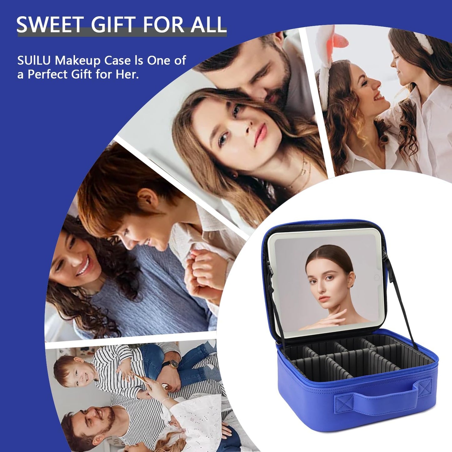 Makeup Bag with Led Mirror,Travel Makeup Organizer with 3 Color Setting & 10X Magnifying Mirror, Portable Storage and Adjustable Dividers Travel Makeup Bag-dark blue