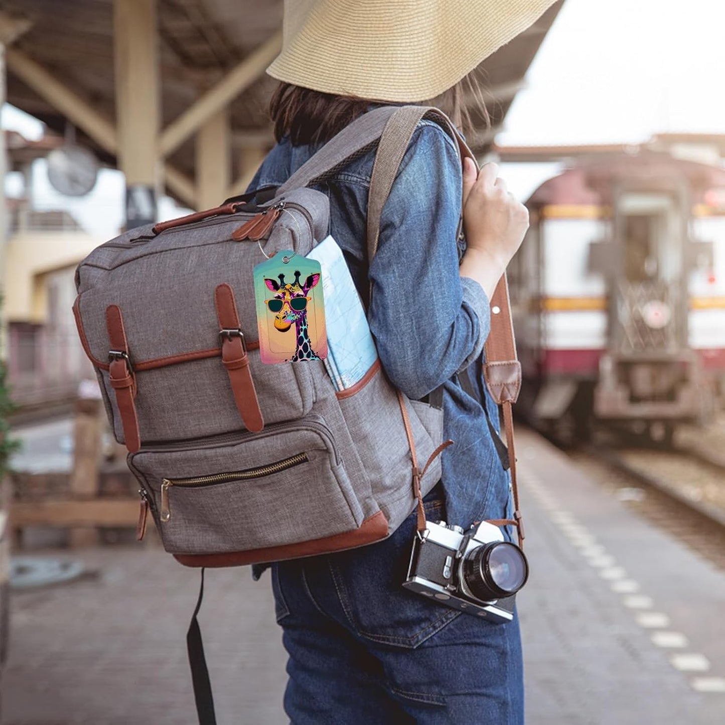 Funny Gunglasses Giraffe Luggage Tag Personalized Luggage Tags for Suitcases,Leather Bag Tags for Backpacks Handbag with Name ID Label Travel Essentials Baggage Tags 2 Pack