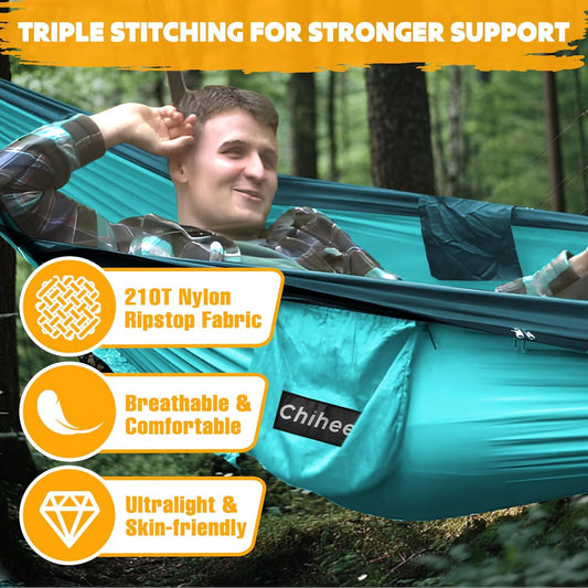 Chihee Ultra-Light Travel Camping Hammock Pop-up Net Hammock 660lbs Load Capacity,Breathable,Quick-Drying Parachute Nylon 2 Premium Carabiners,2 Tree Slings Included for Outdoor Backpacking Hiking