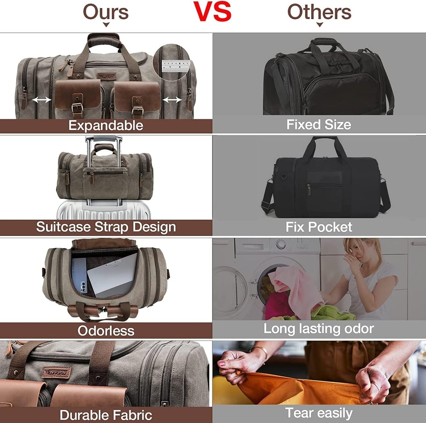 Wildroad 60L Travel Duffel Bag, Expandable Canvas Genuine Leather Duffle Bag Upgraded Overnight Weekender Bag Carry on Bag