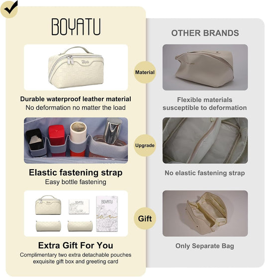 Travel Makeup Bag Organizer Cosmetic Bag: 3 Pcs Set Make up Bags for Women with Handle - Waterproof Vegan Leather Toiletry Bags with Comparments (C-04-Beige)