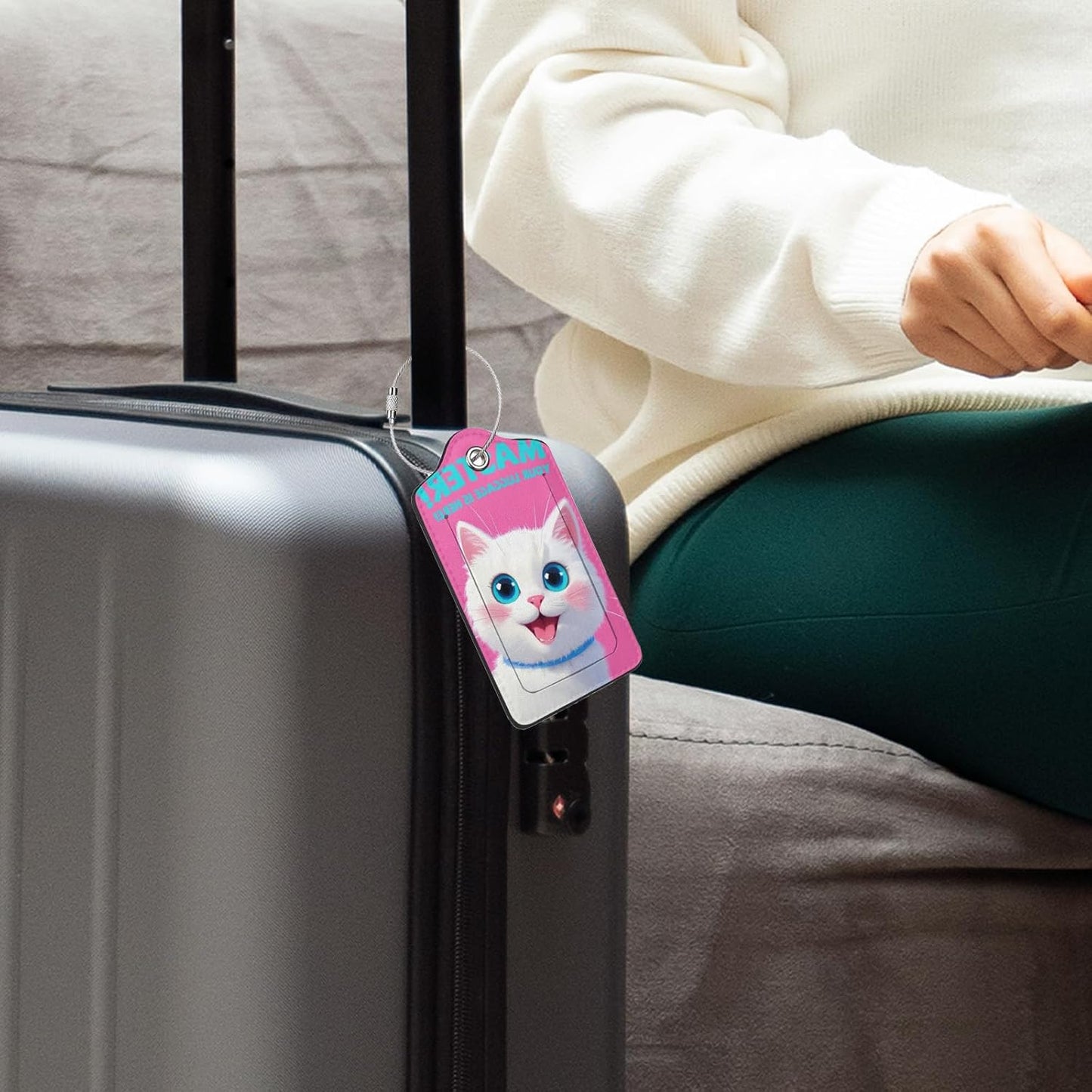 Fun Luggage Tags for Suitcases Leather Name Tag for Luggage Cute Travel Baggage Tags for Carnival Cruise Ships with Funny Patter 2pcs (Pink Cat)