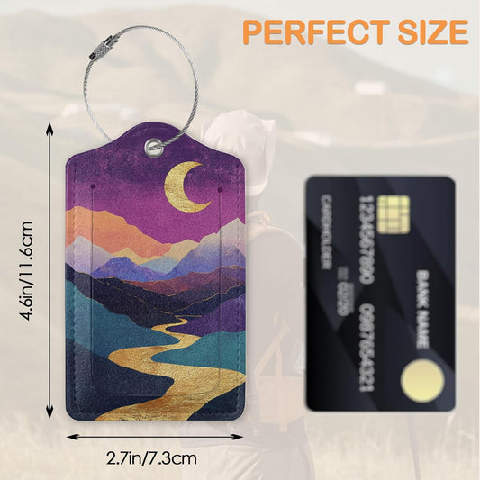 Colorful Abstract Mountain 3 Pack PU Leahter Luggage Tag with Stainless Steel Loop, Bold Golden Sun Crescent Moon Travel Suitcase Labels with Privacy Cover ID Label Quickly Spot for Bags