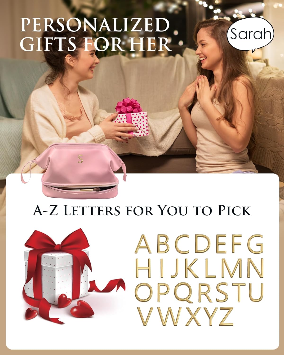 Bridesmaid Gifts for Women, Initial Makeup Bag, Personalized Double Layer Cosmetic Bag with Makeup Brush Organizer, Large Capacity PU Leather Travel Toiletry Bag, Personalized Teacher Gifts