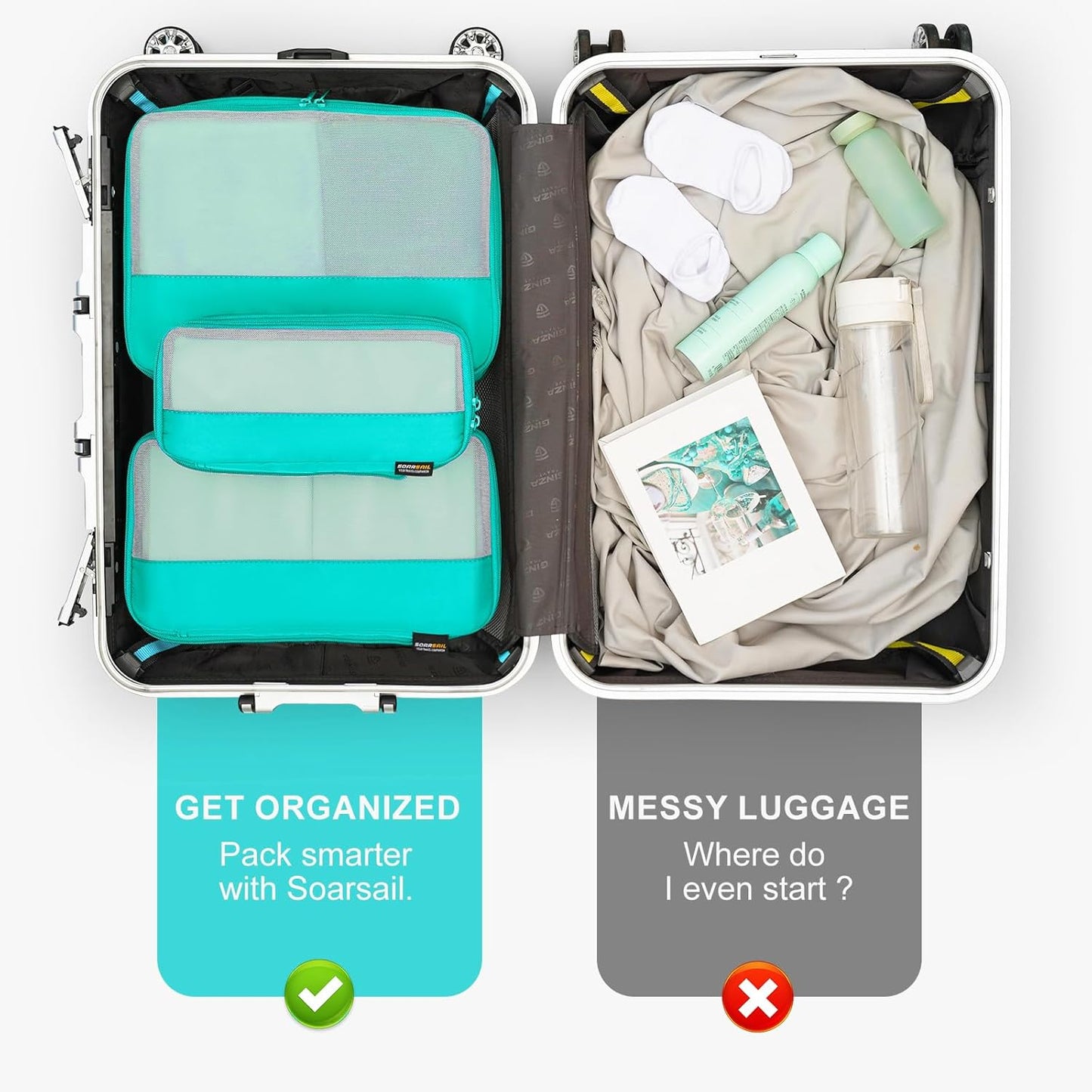 6 Set Compression Packing Cubes for Travel Essentials, Luggage Organizers for Suitcases (Teal)