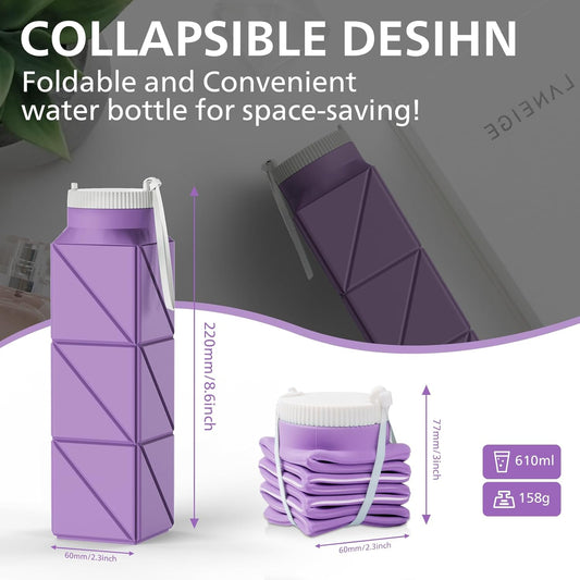 610ml Collapsible Water Bottles Upgrade Foldable Water Bottle BPA Free Reusable Lightweight LeakProof Silicone Water Bottles 20.6oz for Travel Gym Hiking Office Camping Sport Light Purple