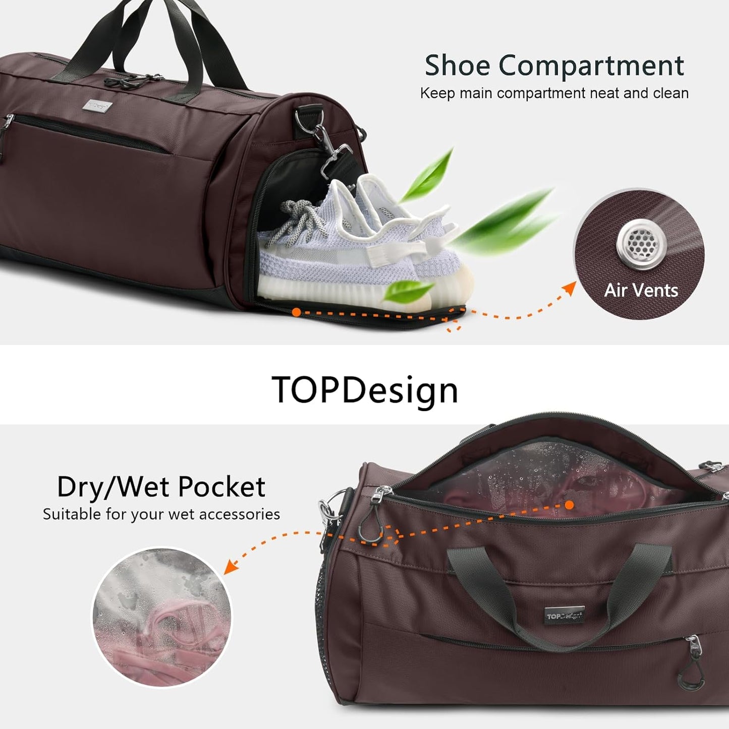 TOPDesign Gym Bag for Women & Men, Unisex Duffel Bag with Shoe Compartment & Wet Pocket for Travel Sports Gym (L Brown)