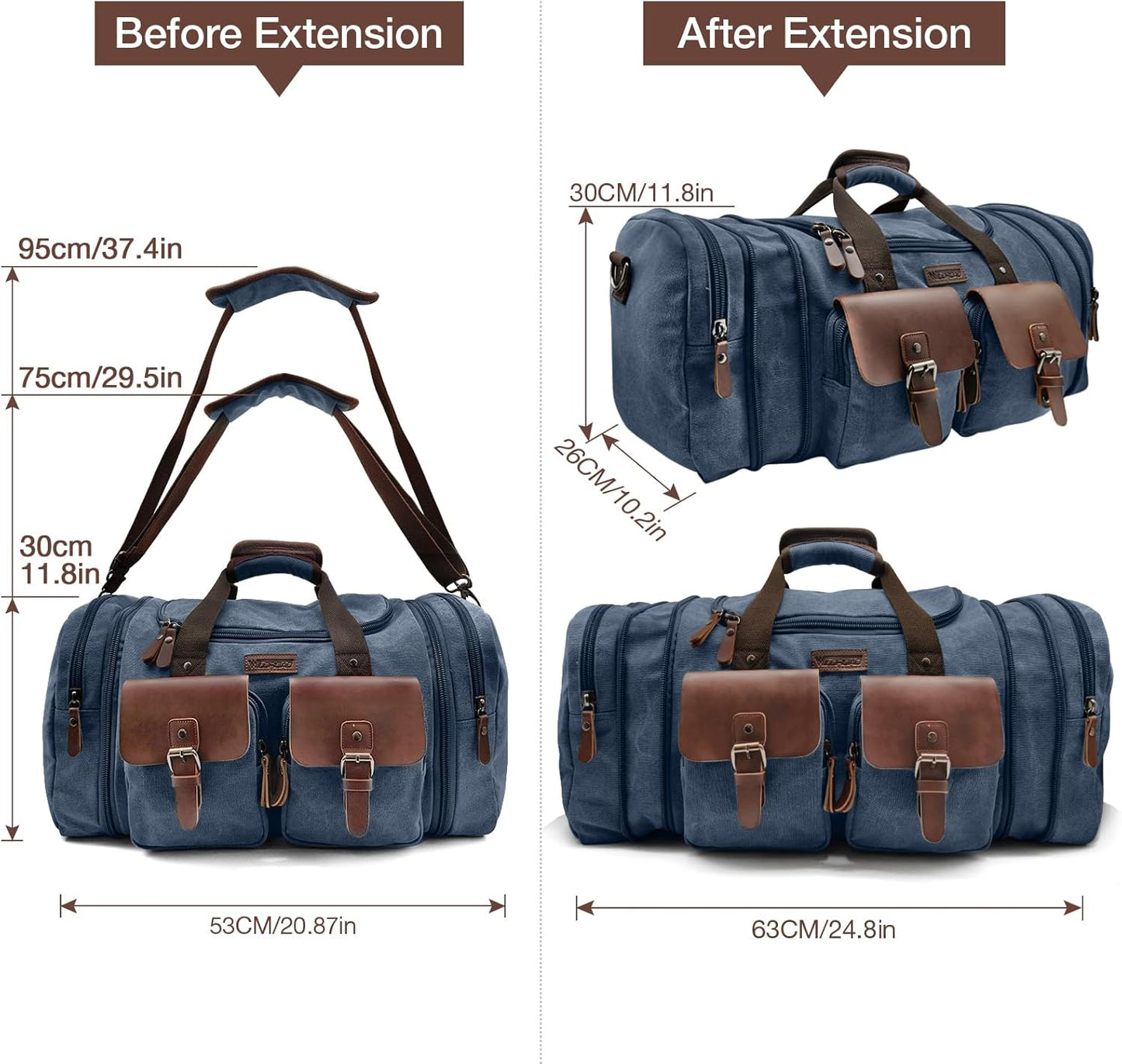 Wildroad 50L Travel Duffel Bag, Expandable Canvas Genuine Leather Duffle Bag Upgraded Overnight Weekender Carry on Bag (Navy Blue, Large-50L)