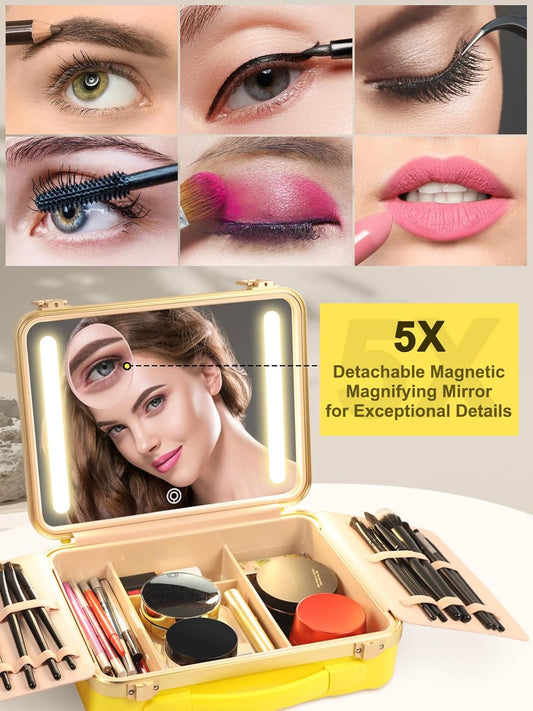 Kalolary Travel Makeup Train Cases with Lighted Mirror 3 Color Setting, Makeup Bag Cosmetic Case Organizer Adjustable Brightness Portable Makeup Storage Box with Detachable 5X Magnifying Mirror Yellow