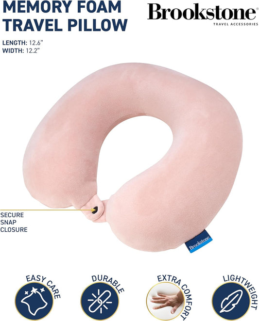 Brookstone Travel Neck Pillow - Lightweight Fleece Casing U-Shaped Stuffable Memory Foam Travel Pillow for Sleeping and Neck Support, Soft Pink