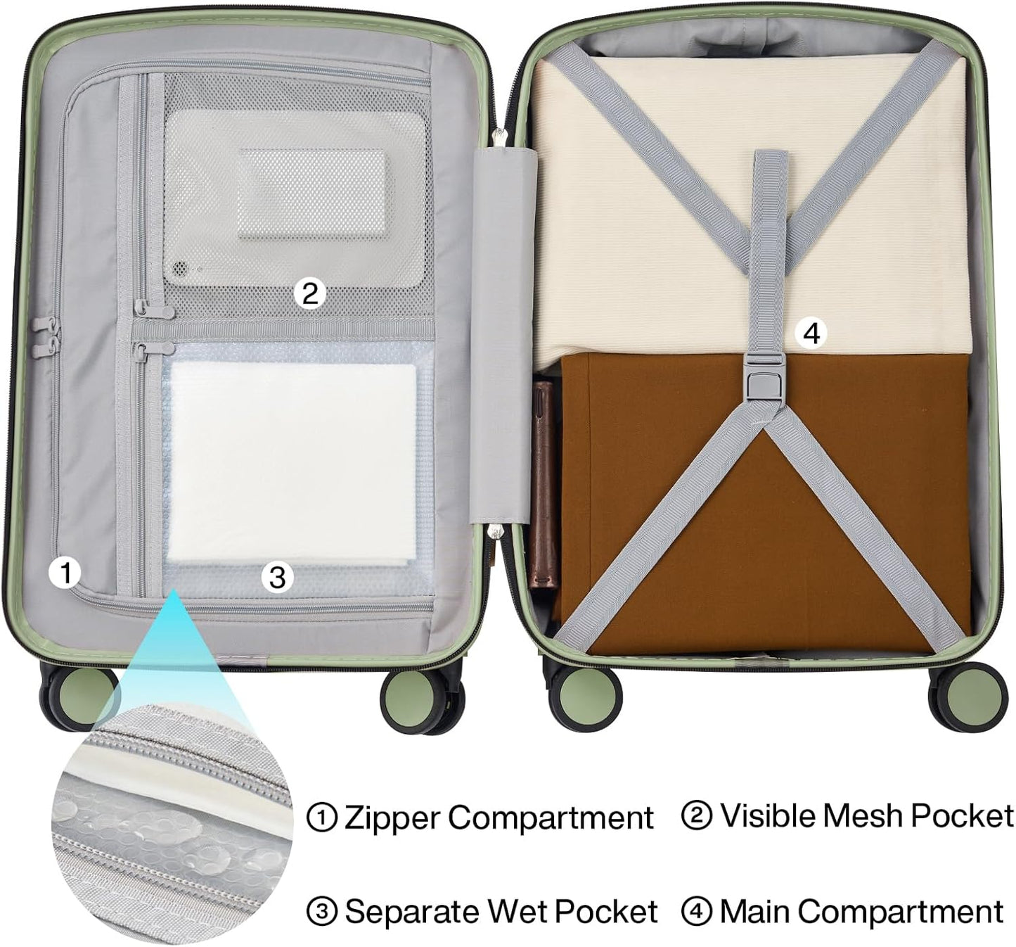 Hanke 20 Inch Hard Shell Suitcases with Spinner Wheels, Lightweight Carry On Luggage 22x14x9 Airline Approved Built-in TSA Lock, Durable Suitcase Rolling Luggage Carry-On Bag(Bamboo Green)