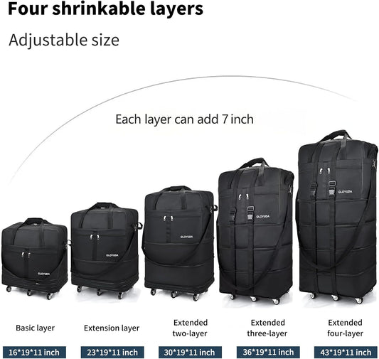 Expandable Foldable Luggage, 42'' Suitcase With Spinner Wheels, Rolling Duffle Bag with Wheels and Handle, Collapsible Luggage With 2 Handle Wrap and 2Fixing Straps1Shoulder Strap (Jet Black)