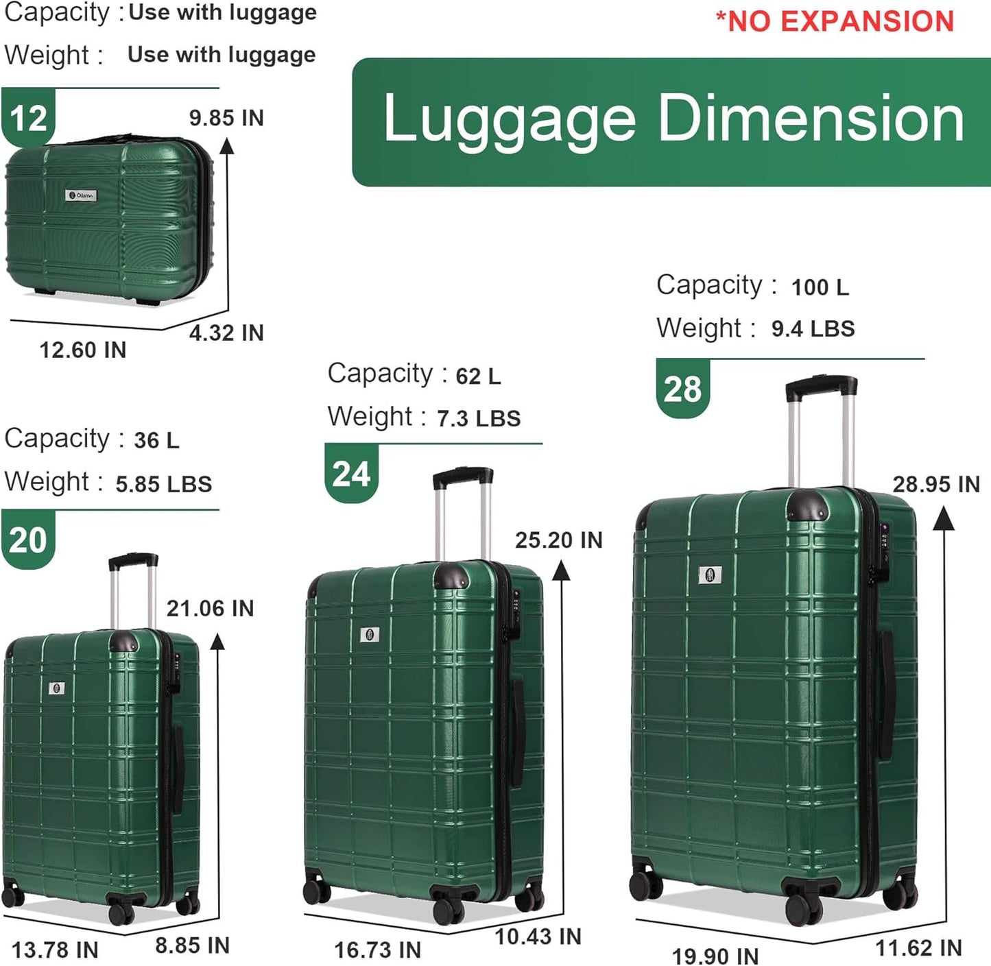 Luggage Sets 4 Piece, ABS PC Lightweight Suitcases with Wheels, Hardshell Luggage Sets Suitcase set with TSA Lock Green (12in 20in 24in 28in)